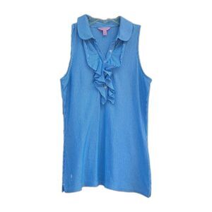 Lilly Pulitzer Blue/wht  Stripe Ruffle Sleeveless Polo Top Sz S Preppy Coastal